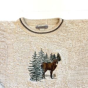 Vtg  Fieldmaster Sweater Mens Large Cream Knit Embroidered Buck Hunting USA 90s